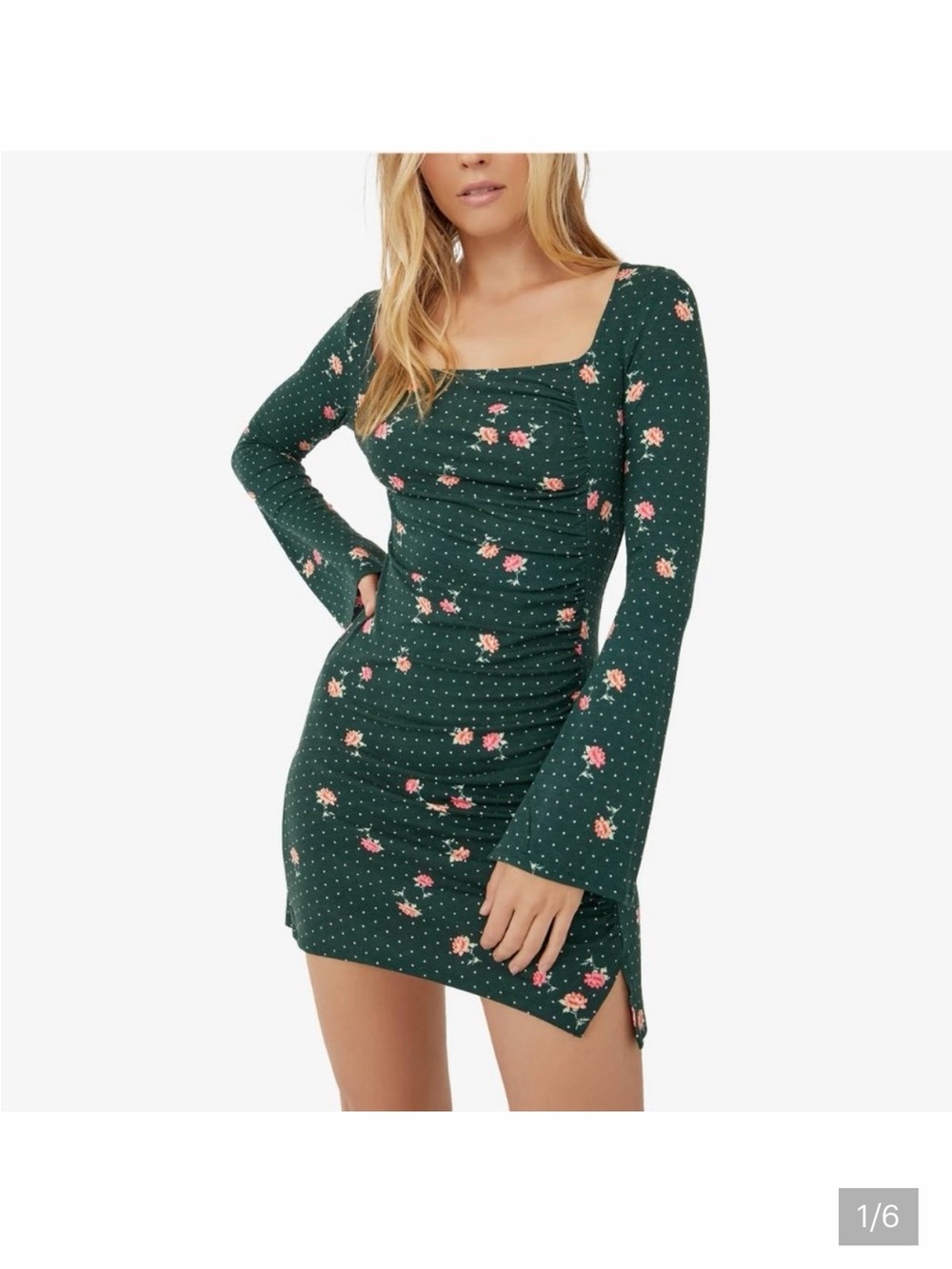 Free People Dark Green Floral Long-Sleeve Keyhole Mini Dress